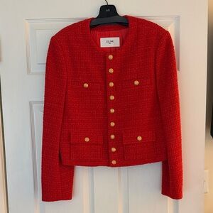 Celine Jacket Red Boucle Tweed with Gold Buttons - SZ 40